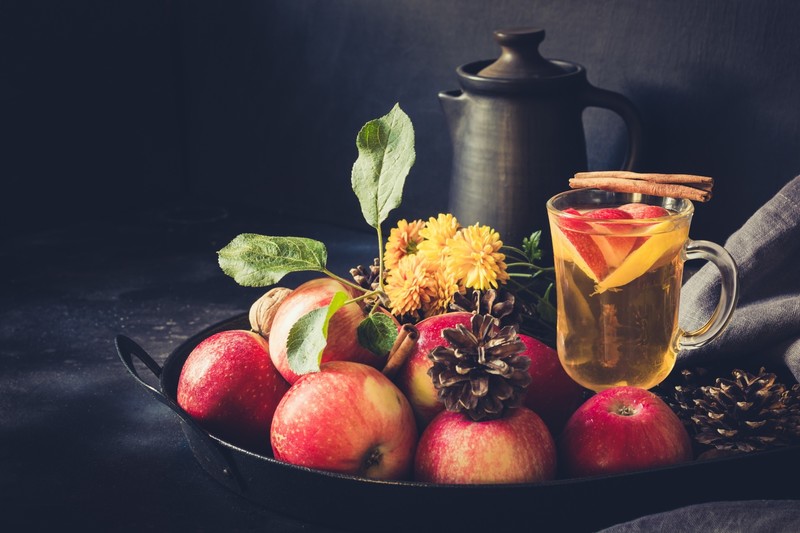 still life, food, fruit, apples, tea, cinnamon, flowers, pine cones