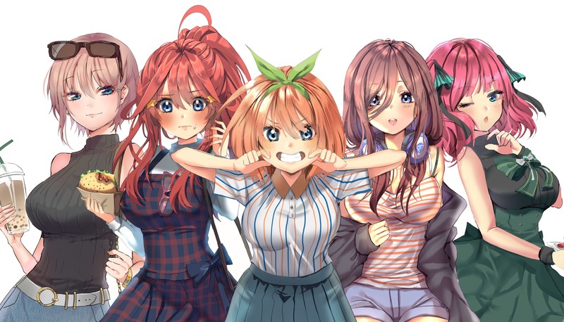 5-toubun no Hanayome, anime girls, fan art, digital art, 2D, simple background, redhead, pink hair, short hair, long hair, big boobs, smiling, blue eyes, Nakano Nino, Nakano Itsuki, Nakano Ichika, Nakano Miku, Nakano Yotsuba, ponytail