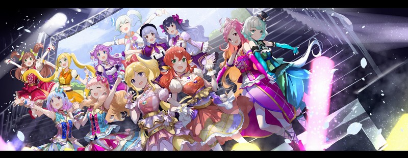 anime, anime girls, digital art, artwork, 2D, portrait, group of women, blonde, brunette, green eyes, purple eyes, pink hair, blue hair, redhead