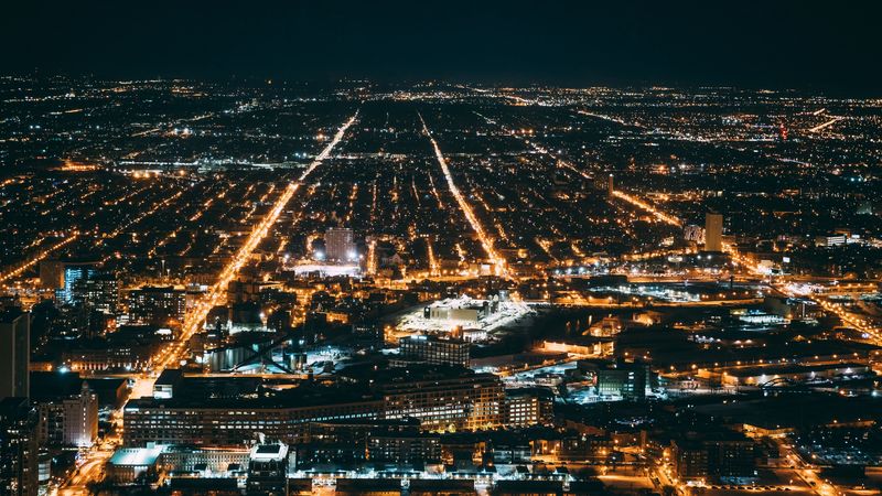 night city, city lights, aerial view, overview, chicago, 4k