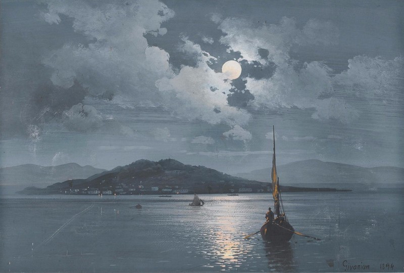 artwork, painting, boat, sailing, sea, night, Moon