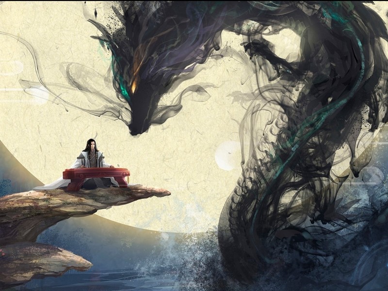fantasy art, dragon, Moon