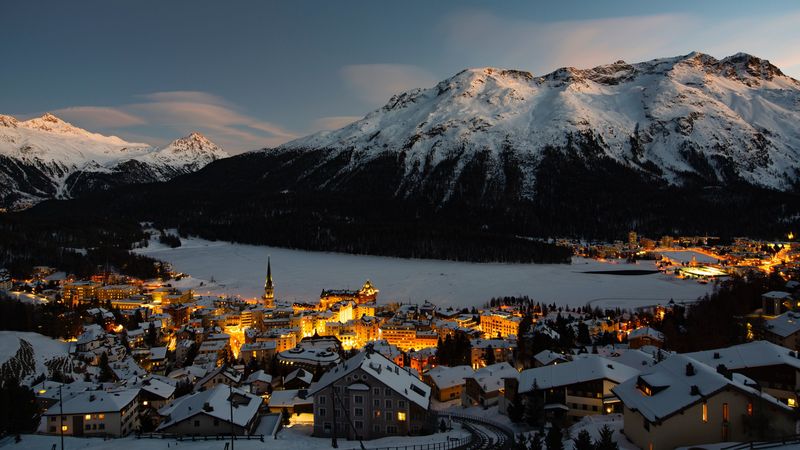 mountain, winter, village, snow, light, switzerland, 4k