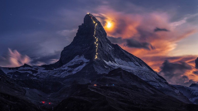 nature, mountains, lights, clouds, snow, Matterhorn