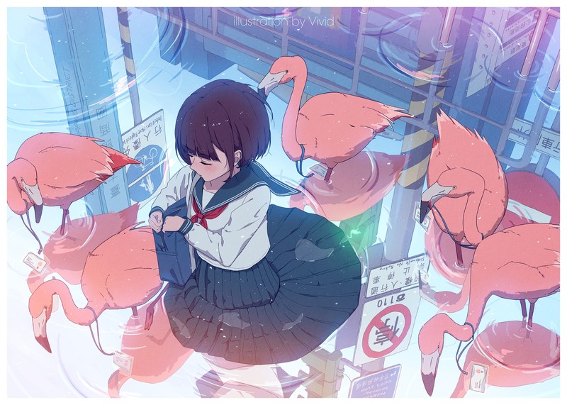 anime, anime girls, original characters, short hair, dark hair, school uniform, sailor uniform, water, reflection, flamingos
