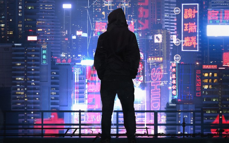 cyberpunk, Dark Cyberpunk, men, city, synthwave, futuristic, futuristic city, neon, black