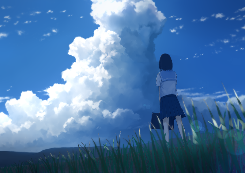 anime, anime girls, sky, clouds, school uniform, short hair, dark hair, summer, original characters