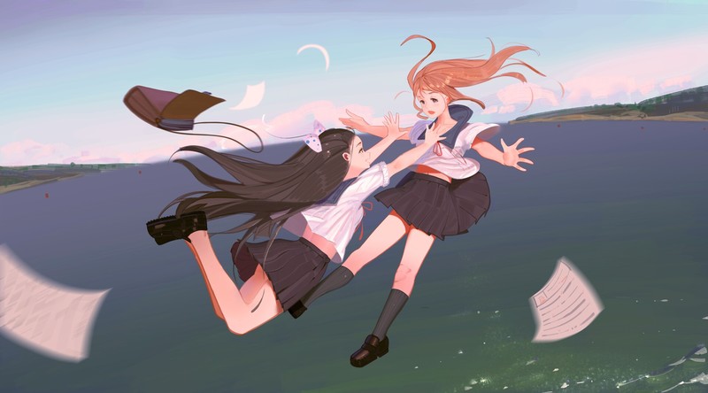 anime, anime girls, school uniform, sailor uniform, sea, sky, long hair, black hair