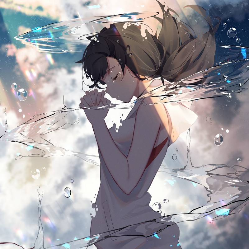 anime, anime girls, black hair, closed eyes, water, sky, clouds, Weathering With You, Hina Amano