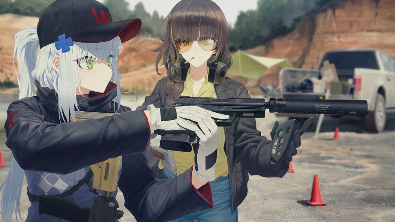 HK416 (Girls Frontline), m4a1 (girls frontline), bow, anthropomorphism, car, gun, gloves, green eyes, ponytail, long hair, hat, sunglasses, weapon, headphones, white hair, yellow eyes, Girls Frontline, anime, anime girls