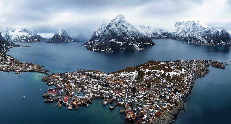 town, aerial view, mountains, water, Norway