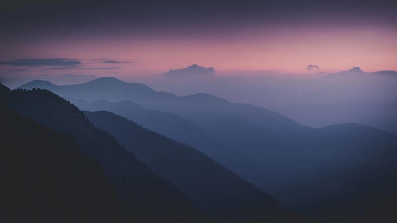 mountains, fog, night, dark, trees, slopes, 4k