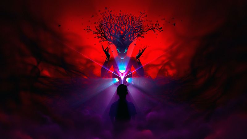 silhouette, tree, man, fantastic, red, 4k