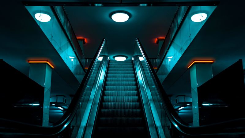 escalator, stairs, lighting, construction, room, 4k