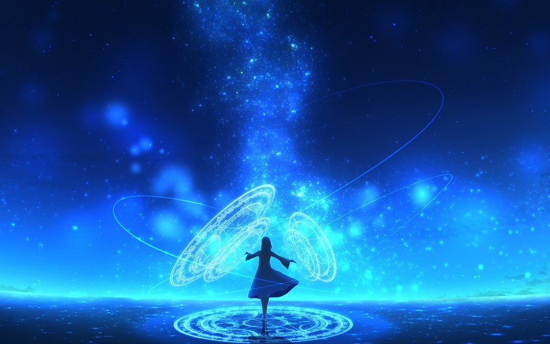 digital, digital art, artwork, illustration, anime, anime sky, anime girls, women, fantasy girl, magic, night, night sky, skyscape, landscape, fantasy art, drawing, digital painting, outdoors, women outdoors, environment, concept art, stars, starry night, starred sky