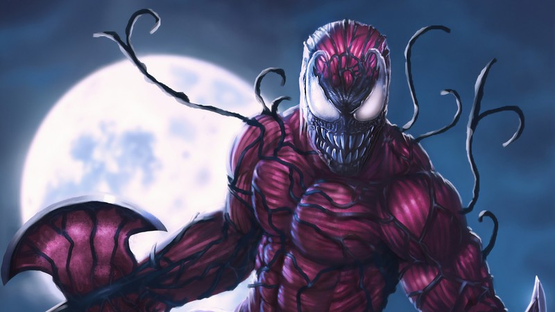 digital, digital art, artwork, illustration, drawing, digital painting, Marvel Comics, comics, comic art, villain, night, Moon, moonlight, Symbiote, Carnage, environment, fictional, fictional character, super villain, character design