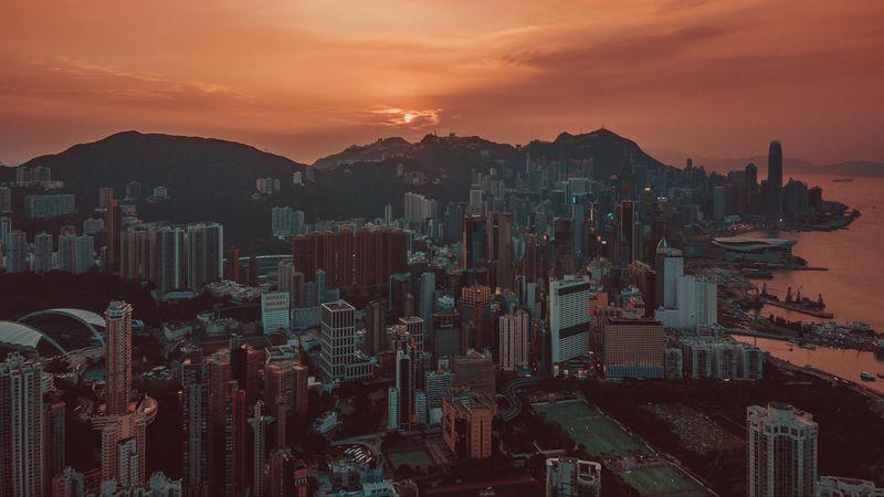 city, sunset, aerial view, skyscrapers, sky, hong kong, 4k