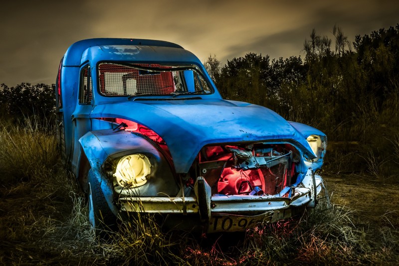 wreck, car, vehicle, night, outdoors
