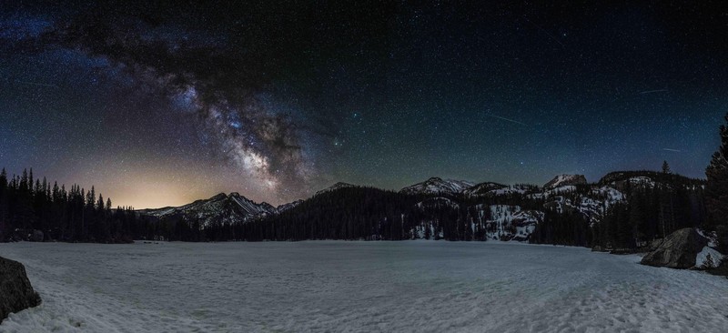 nature, landscape, snow, winter, sky, stars, trees, forest, Milky Way