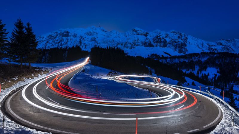 mountains, road, long exposure, switzerland, 4k