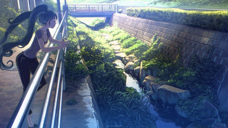 anime, anime girls, plants, bridge, long hair, blue hair