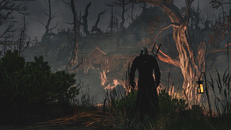 The Witcher 3: Wild Hunt, The Witcher, artwork, trees, night, lantern, hut