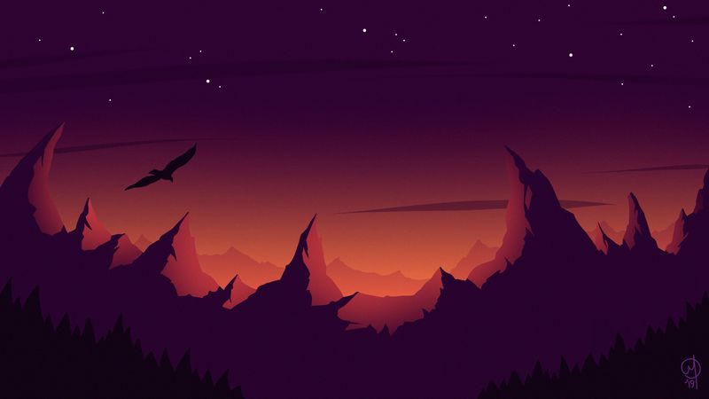 bird, silhouette, vector, mountains, art, sky, 4k