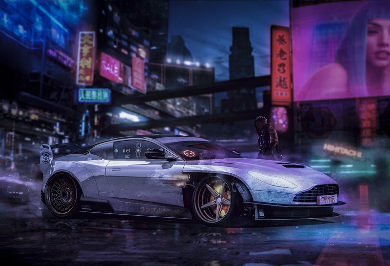 artwork, car, vehicle, Aston Martin, futuristic, cyberpunk
