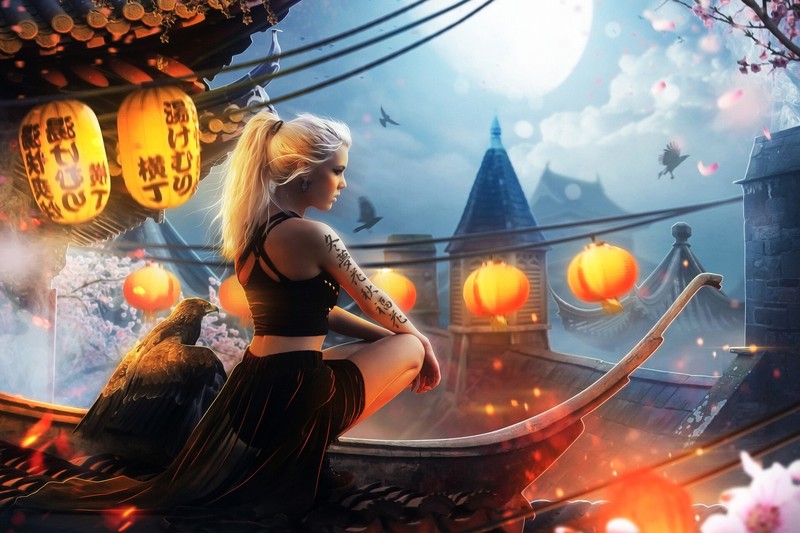 fantasy art, fantasy girl, lantern, fantasy city, artwork, rooftopping