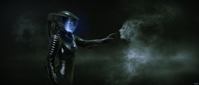 digital, digital art, artwork, illustration, drawing, digital painting, environment, concept art, Space Ghost, ghost, space suit, women, fantasy girl, dark, dark background, smoke, space, aliens, science fiction, fantasy art