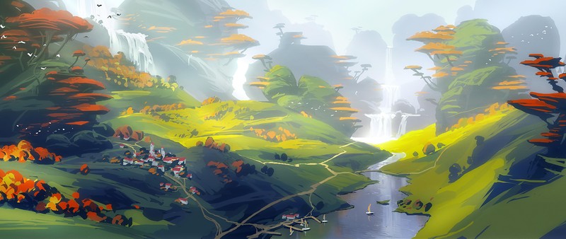 digital, digital art, artwork, illustration, drawing, digital painting, environment, nature, seasons, fall, landscape, trees, water, sea, waterfall, mountains, mist, village, villages, town, boat, painting, concept art, outdoors
