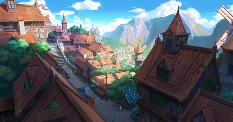 sky, village, mountains, windmill, medieval