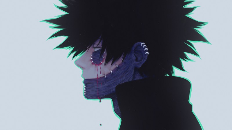 digital, digital art, illustration, artwork, drawing, digital painting, anime, anime boys, men, Fantasy Men, fictional, fictional character, Boku no Hero Academia, Dabi, blood, piercing, green, dark, white background, gray background, green eyes, environment, concept art