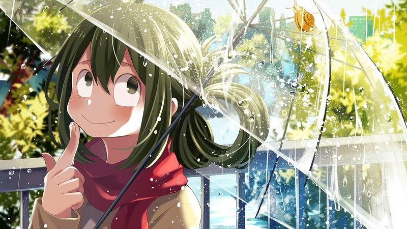 digital, digital art, illustration, artwork, drawing, digital painting, anime, anime girls, women, fantasy girl, fictional, fictional character, environment, concept art, Boku no Hero Academia, Tsuyu Asui, green hair, rain, umbrella, city, water, green eyes, park, trees, snail, sunlight