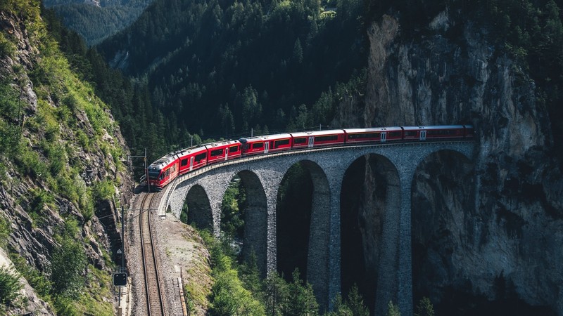 train, mountains, aerial view, bridge, railway, Switzerland, Bernina Pass Glacier Express, Landwasser Viaduct Bridge