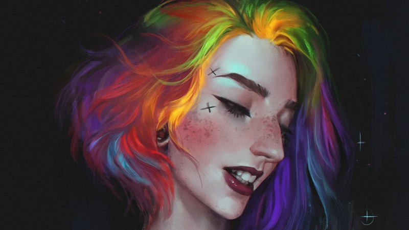 digital, digital art, illustration, artwork, drawing, digital painting, women, portrait, Rainbow hair, dark background, black background, character design, fantasy girl, fictional, fictional character, piercing, lips, lipstick
