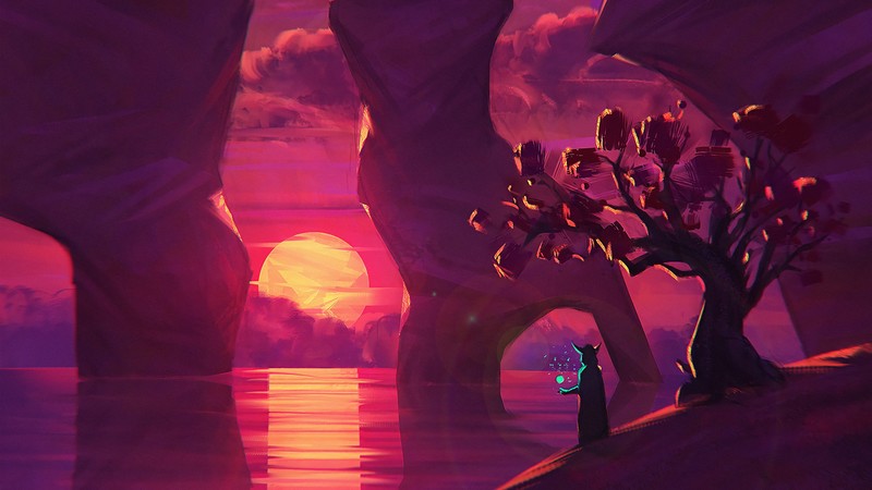 digital, digital art, illustration, artwork, drawing, digital painting, Sun, sun rays, sunset, water, sea, reflection, nature, landscape, painting, dusk, trees, harmony, fantasy art, rocks, concept art, environment, red
