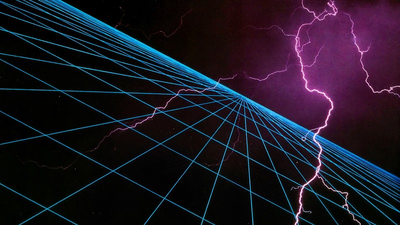 grid, lightning, neon, cyan