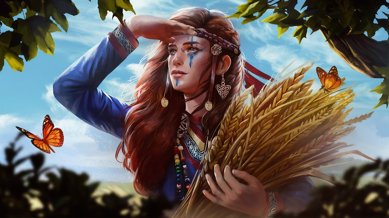 digital, digital art, artwork, illustration, drawing, digital painting, butterfly, butterflies, women, women outdoors, outdoors, portrait, fantasy girl, nature, Vikings, Sun, sun rays, wheat, fantasy art, fictional, fictional character, original characters, character design, concept art, environment