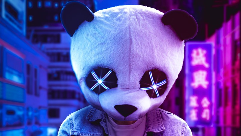 digital, digital art, artwork, illustration, mask, panda, Panda Mask, blue, pink, neon, neon lights, city, architecture, building, sign, signal, neon sign, Photoshop, edit, environment, bokeh, night, urban, modern, city lights, lights