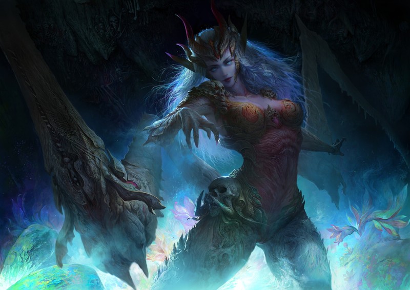 fantasy art, fantasy girl, blue eyes, creature, artwork, horns, white eyes, fantasy armor
