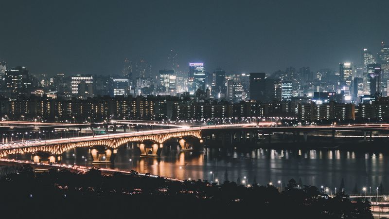 night city, aerial view, city lights, road, lighting, 4k