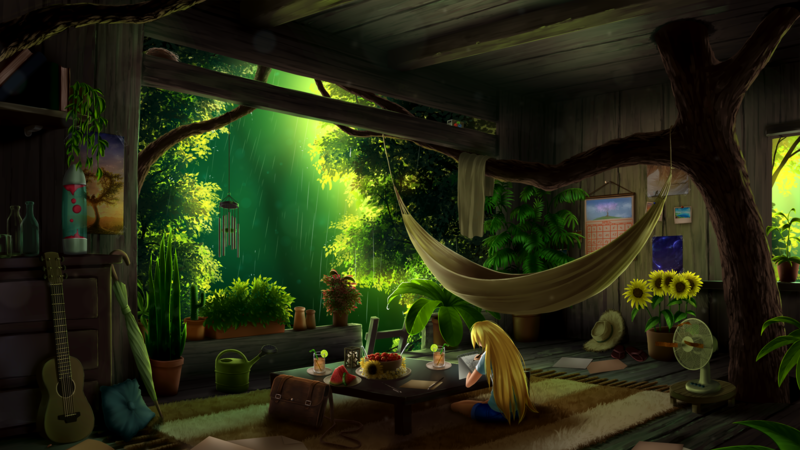 artwork, digital art, interior, tree house, trees, forest, rain