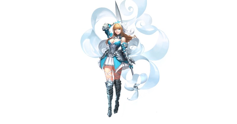 fantasy girl, fantasy art, smiling, simple background, white background, weapon