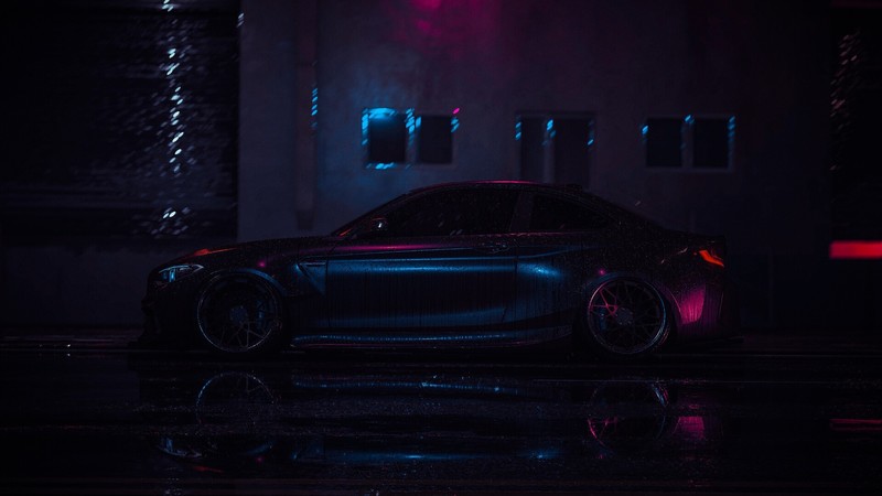 dark, vehicle, digital art, rain, glowing, car