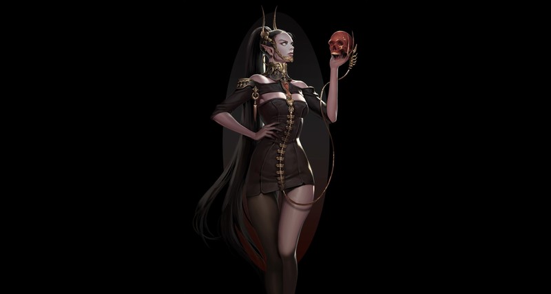 fantasy art, fantasy girl, skull, simple background, black background