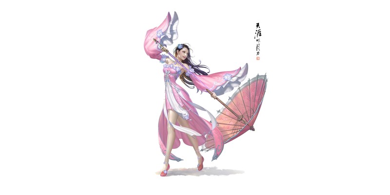 fantasy art, fantasy girl, white background, simple background, umbrella, dress