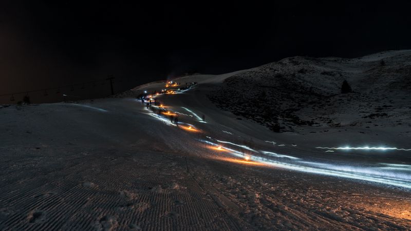 winter, snow, long exposure, silhouettes, night, traces, 4k