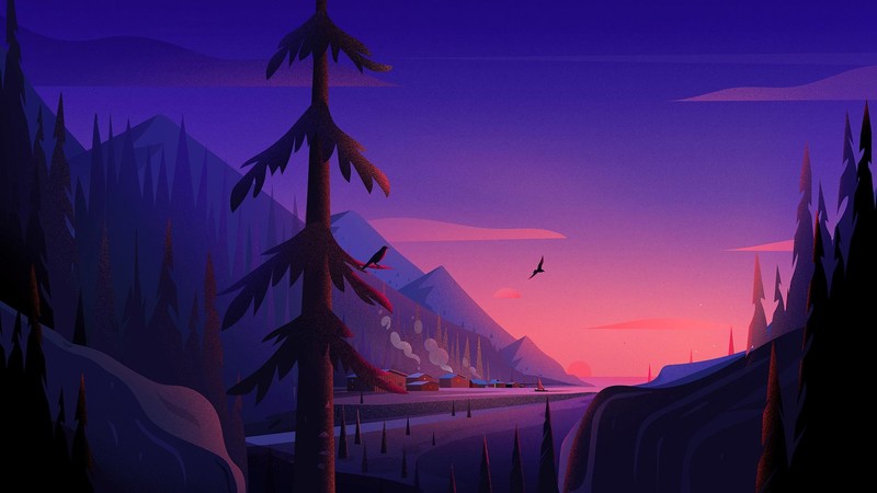 coast, town, trees, mountains, sea, birds, rocks, digital art, sunset, Febin Raj