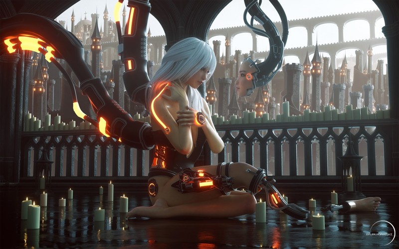 artwork, cyborg, face, render, candles, Dylan Kowalski
